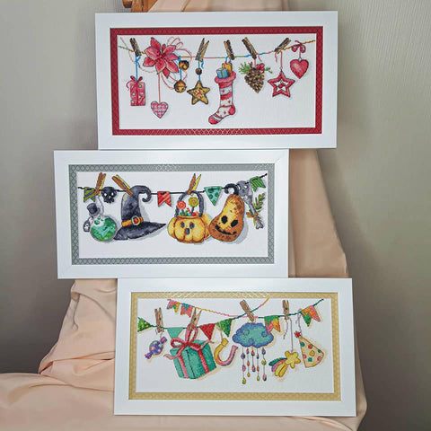 Charivna Mit kryželių siuvinėjimo rinkinys „Šventinė nuotaika“ — Aida 16 su karoliukais, 30×14 cm