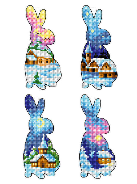 Kryželių rinkinys "Triušiukai kraštovaizdyje" — plastikinė kanva 14 ct, 6×12 cm (Crafting Spark)