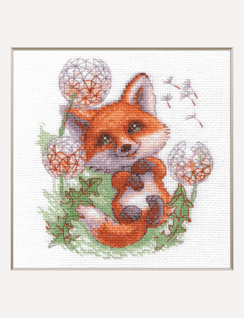 Aine siuvinėjimo rinkinys kryželiu Lapė kiaulpienėse – 13×15 cm (14 ct Aida)