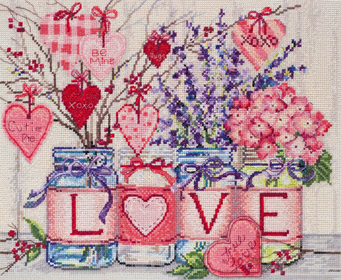 Abris Art kryželių rinkinys „Su švelnumu ir meile“ — 14 ct medvilninė kanva 26×31 cm, 44 spalvų komplektas