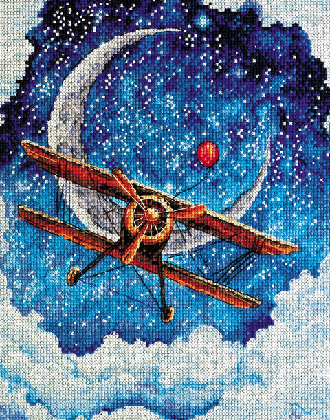 Abris Art kryželių rinkinys „Virš debesų“ — tamsiai mėlyna 14 ct kanva, 20×25 cm, 30 spalvų