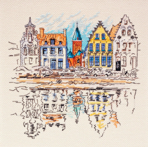 Abris Art siuvinėjimo kryželiu rinkinys Spalvingas miestas — 14 ct kanva 22×22 cm, 23 spalvos