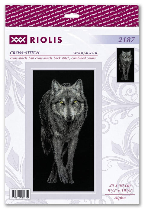 RIOLIS "Alpha" siuvinėjimo rinkinys Nr. 2187 — 25×50 cm, 14ct juoda Aida, 10 spalvų vilnos/akrilo siūlai