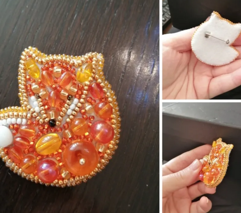 Karoliukų siuvinėjimo brošės rinkinys „Lapė“ 4,5×4,5 cm