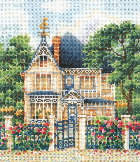 Kaimo namelis SANZ-36 – Andriana kryželiu siuvinėjimo rinkinys (Gamma Aida 16, PNK Kirov 40 spalvų), 16×17,5 cm