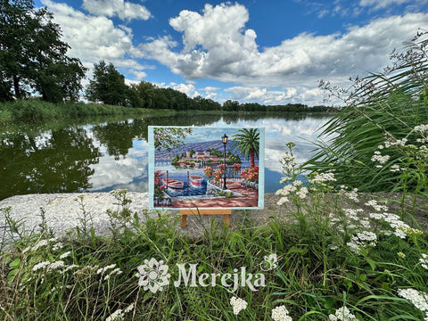Elegantiškas Merejka komplektas siuvinėjimui kryželiu „Lago del Porto“, 31,5×41,5 cm - kaSiulai.lt