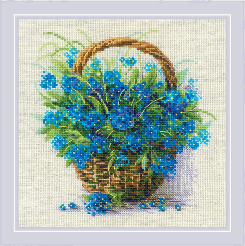 RIOLIS siuvinėjimo rinkinys №2170 „Forget Me Nots in a Basket“ — neužmirštuolės krepšelyje, 22×22 cm, 18 spalvų