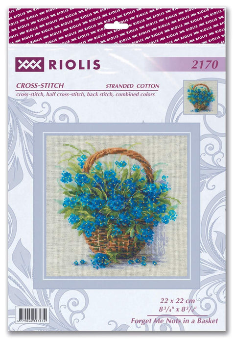 RIOLIS siuvinėjimo rinkinys №2170 „Forget Me Nots in a Basket“ — neužmirštuolės krepšelyje, 22×22 cm, 18 spalvų