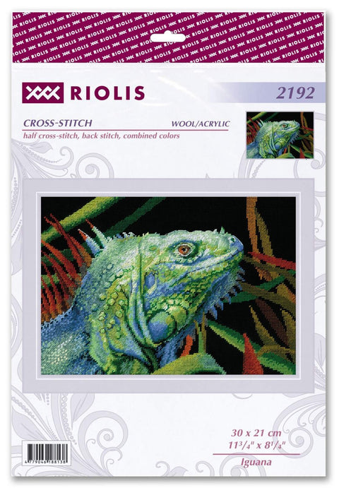 Iguana — RIOLIS siuvinėjimo rinkinys Nr. 2192 (Zweigart 14ct juoda AIDA, 30×21 cm, 20 spalvų)