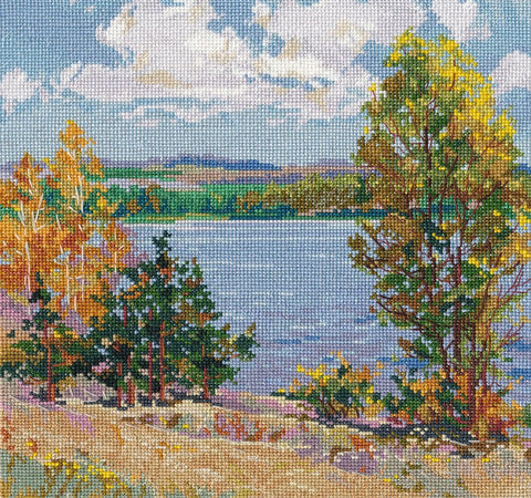 Jaukus siuvinėjimo komplektas kryželiu „Ruduo prie upės“, 23×23 cm - kaSiulai.lt