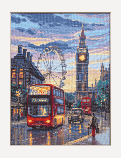 Aine siuvinėjimo rinkinys Lietingas Londonas — kryželiu, Londono gatvės vaizdas (30×40 cm)