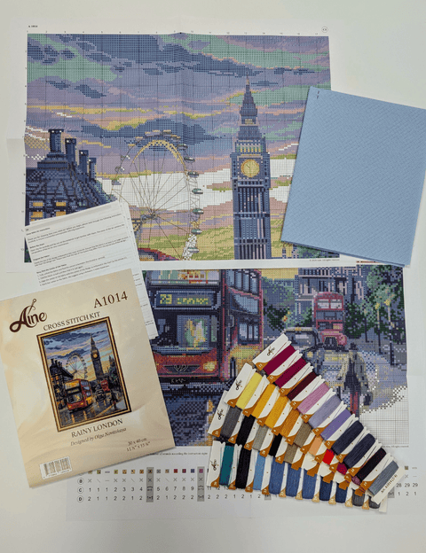 Aine siuvinėjimo rinkinys Lietingas Londonas — kryželiu, Londono gatvės vaizdas (30×40 cm)
