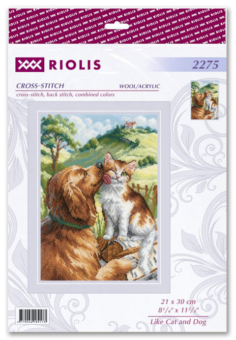 RIOLIS siuvinėjimo rinkinys „Like Cat and Dog“ Nr. 2275 – katė ir šuo, Aida 14 ct, 21×30 cm