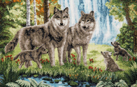 Charivna Mit siuvinėjimo rinkinys kryželiu „Vilkų šeima“, Aida 14, 42×26 cm, 38 spalvų