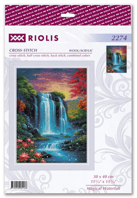 RIOLIS siuvinėjimo rinkinys „Magical Waterfall“ Nr.2274 (30×40 cm, 14ct juoda AIDA, 30 spalvų)