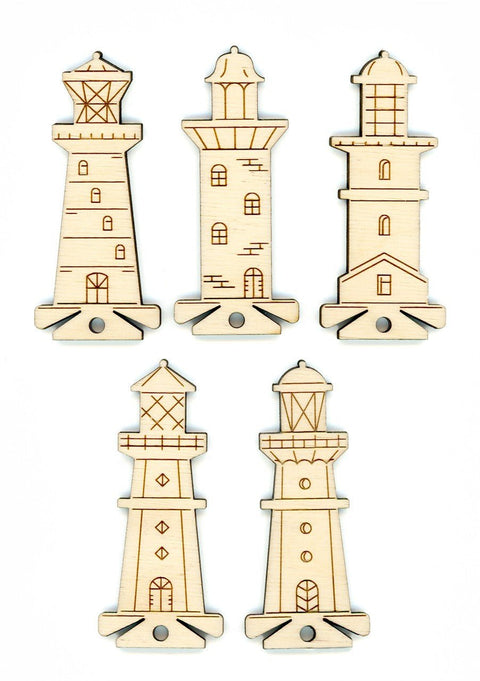 Medinės siūlų kortelės „Švyturiai“, 10 vnt., fanera 4 mm, 3,5×8 cm - kaSiulai.lt