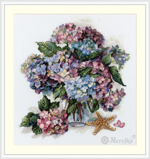 Merejka siuvinėjimo komplektas Hortenzija, Aida 16, 28,5×25,5 cm, 40 spalvų - kaSiulai.lt