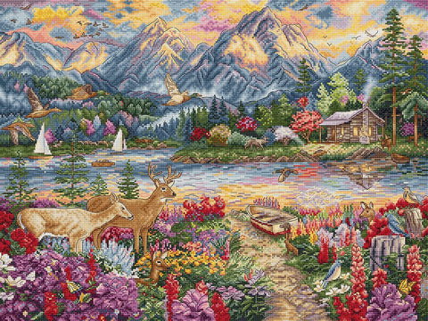 Pavasario kalnų peizažas — siuvinėjimo komplektas kryželiu, 45×34 cm - kaSiulai.lt