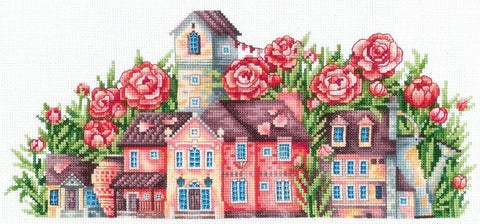 Peonijų žydėjimas — kryželiu siuvinėjimo komplektas Aida 16, 30×13 cm - kaSiulai.lt
