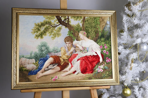 Romantiškas siuvinėjimo komplektas kryželiu — piemuo groja fleita piemenėlei - kaSiulai.lt