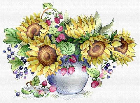 Saulėta puokštė — siuvinėjimo komplektas Aida 14, 25 spalvų, 24×18 cm - kaSiulai.lt