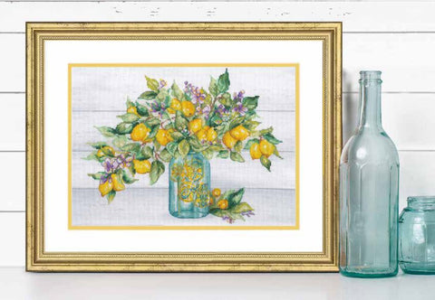 Siuvinėjimas kryželiu „Citrinų stiklainis“, 35×25 cm - kaSiulai.lt