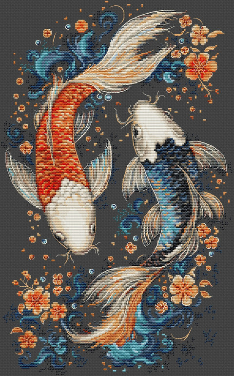 Siuvinėjimo komplektas kryželiu „Dvi magiškos žuvys“, 23×38 cm - kaSiulai.lt
