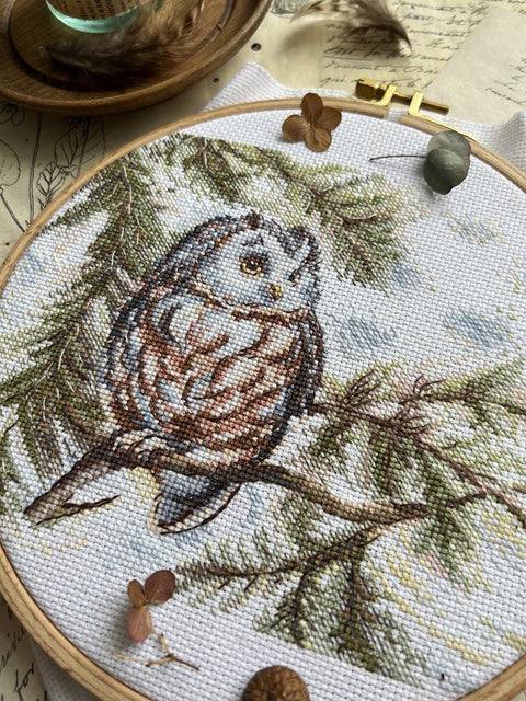 Siuvinėjimo komplektas kryželiu „Mažoji pelėda“ 20×15 cm — pradedantiesiems - kaSiulai.lt