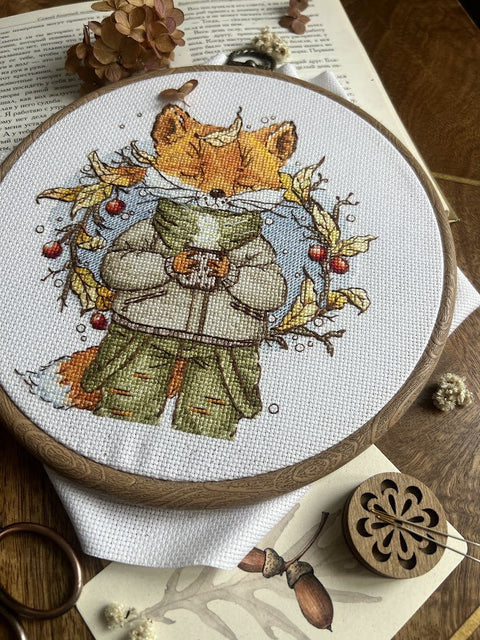 Siuvinėjimo komplektas kryželiu „Rudeniška kava“, 15×16,5 cm — jauki dovana - kaSiulai.lt