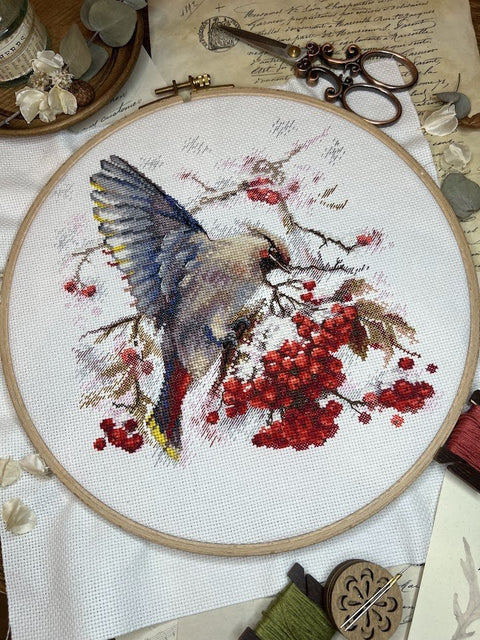 Siuvinėjimo komplektas „Waxwing“ kryželiu — spalvingas paukštis, 19×19,5 cm - kaSiulai.lt