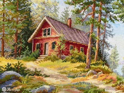 Siuvinėjimo kryželiu komplektas „Jauki raudona trobelė miške“ 30×39,5 cm - kaSiulai.lt