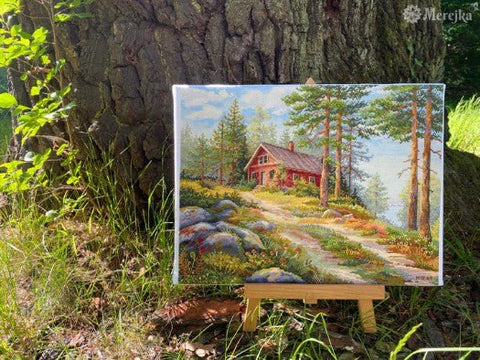 Siuvinėjimo kryželiu komplektas „Jauki raudona trobelė miške“ 30×39,5 cm - kaSiulai.lt