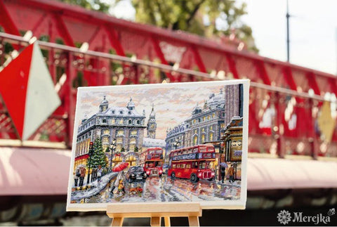 Siuvinėjimo kryželiu komplektas „Londonas“ su DMC siūlais, Aida 16, 30×40 cm - kaSiulai.lt