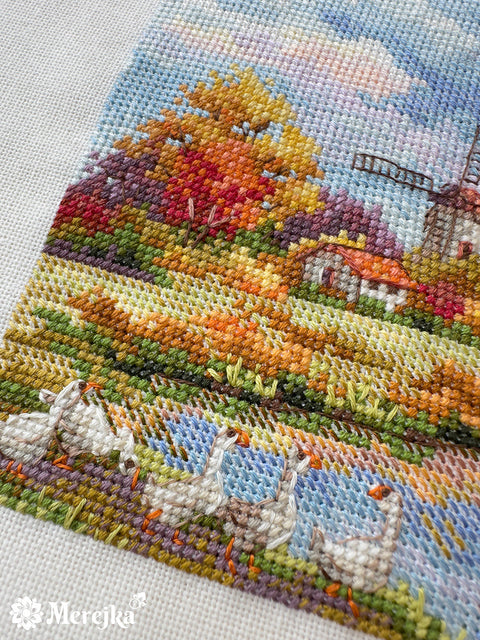 „Ruduo“ kryželių siuvinėjimo rinkinys, 11,5 × 11,5 cm – rudens motyvas