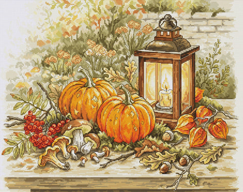 Siuvinėjimo kryželiu rinkinys „Ruduo žibinto šviesoje“ 36 x 29 cm