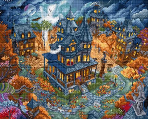 Helovino kryželių siuvinėjimo rinkinys „Haunted Happenings“ paveikslui, 38×31 cm