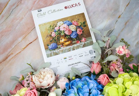 Luca-S „Golden Bloom“ elegantiškas kryželiu siuvinėjamas paveikslas 48x33 cm