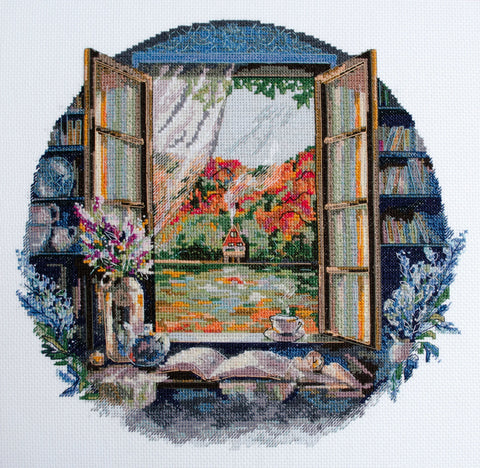 Kryželiu siuvinėjimo rinkinys „Arbatos akimirka prie lango“ 23x23 cm