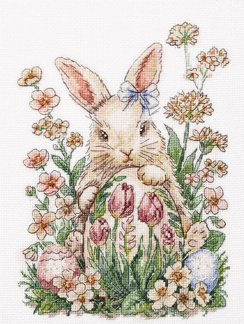 Kryželiu siuvinėjimo rinkinys „Velykinis triušiukas“ su karoliukais, 17 x 24 cm, ant Zweigart Aida 14 ct drobės