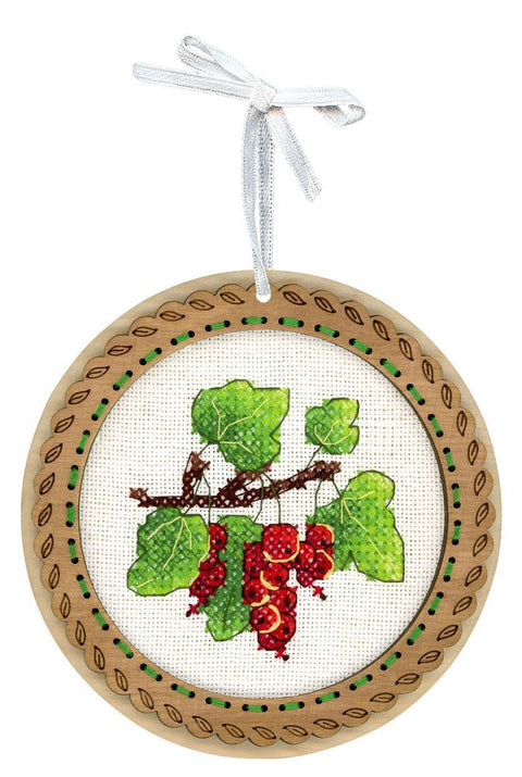 Siuvinėjimo kryželiu rinkinys ant medinio pagrindo „Vasaros uogos: serbentai“, 10×10 cm