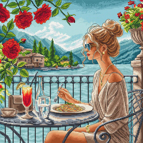 Kryželiu siuvinėjimo rinkinys „Itališki skoniai“, 32x32 cm, Aida 16 ct, 55 spalvos