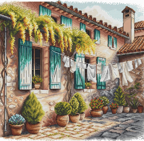 Siuvinėjimo kryželiu rinkinys „Kiemelis su vazonais“ 28,6 x 27,9 cm