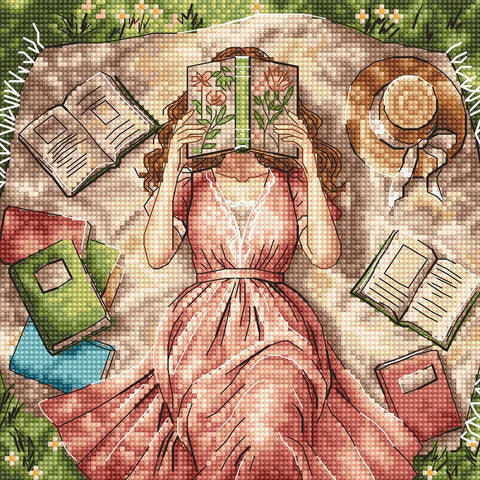 Kryželiu siuvinėjimo rinkinys „Knygos, gėlės ir svajonės“ su Aida 16 ct drobe, 31 spalva, 16x16 cm paveikslui