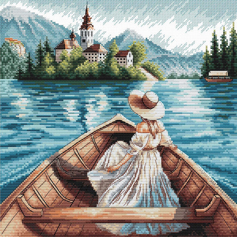 Kryželiu siuvinėjamas paveikslas „Bledo sala“, rinkinys 21×21 cm