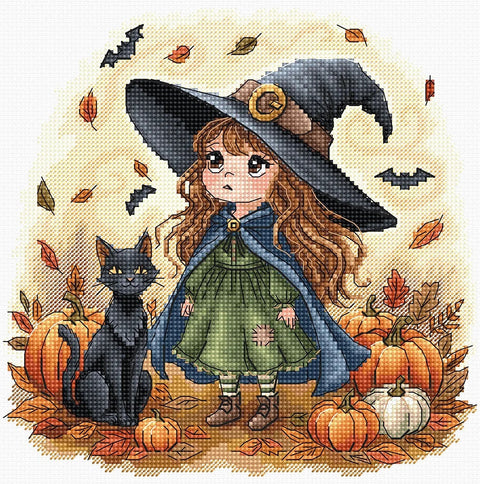 Siuvinėjimo kryželiu rinkinys „Mažoji rudens ragana“ 17,8 x 17,6 cm