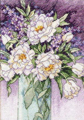 Siuvinėjimo kryželiu rinkinys „Baltieji bijūnai“ 13 x 18 cm