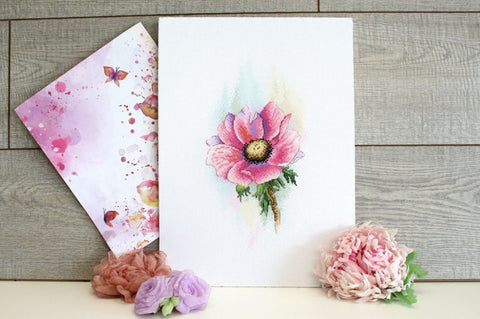 Siuvinėjimo rinkinys „Elegantiška rožinė anemonė“ su DMC siūlais, drobė Linda 27 - kaSiulai.lt