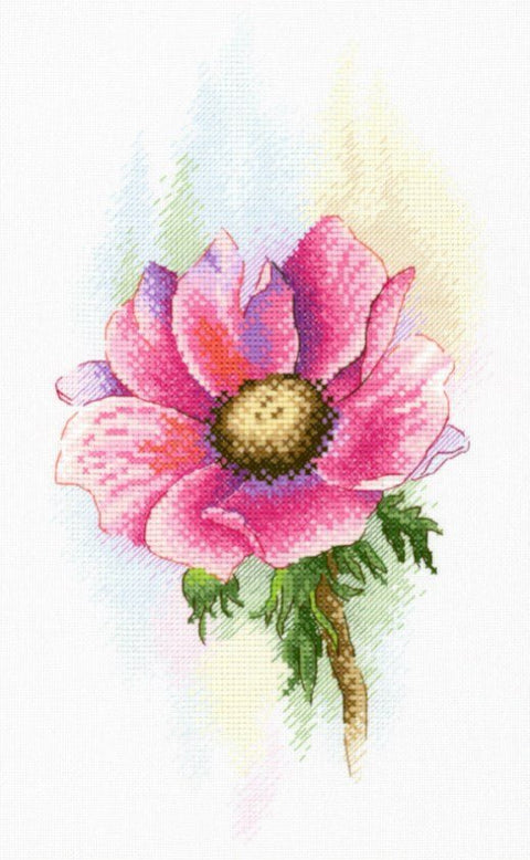 Siuvinėjimo rinkinys „Elegantiška rožinė anemonė“ su DMC siūlais, drobė Linda 27 - kaSiulai.lt