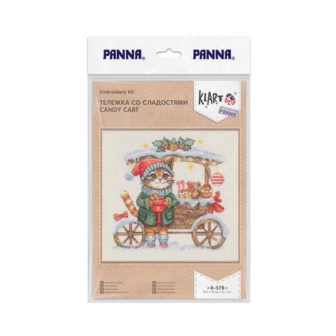 „Saldainių katinas“ kryželių siuvinėjimo rinkinys, 19,5×19 cm, daugiaspalvis katino su saldumynais motyvas
