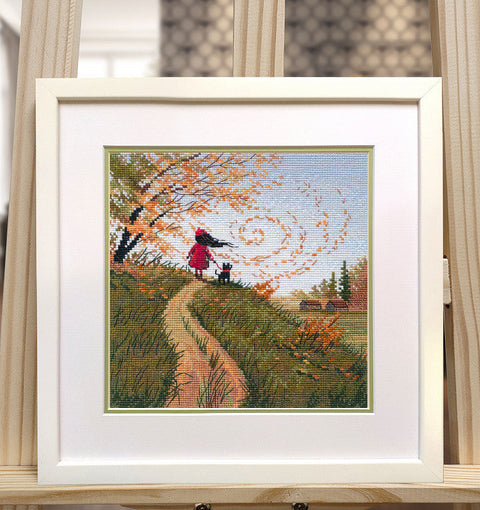 Kryželiu siuvinėjimo rinkinys „Rudens vėjas“, 18 × 18 cm – rudeniškas motyvas namų dekorui